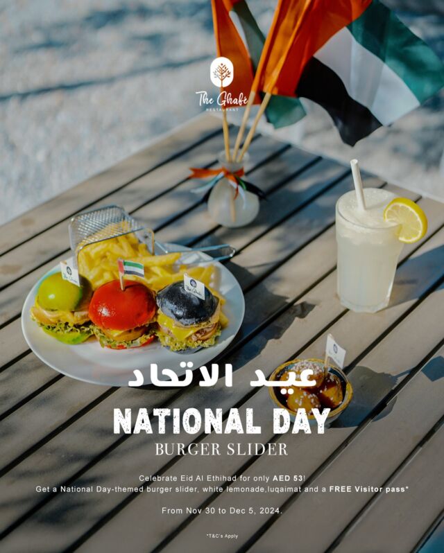 Let’s toast to unity with a delicious deal! 🎉🇦🇪 Sip on lemonade, bite into a National Day-themed burger slider, indulge in sweet luqaimat, and get a FREE park visitor ticket—all for just 53 AED! 🍋🍔🍯🎟️ Available from November 30 to December 5, 2024.

Come hungry, leave happy, and explore more! 😋

#EidAlEtihad #NationalDayVibes #SliderGoals #TheGhafe #MealDeal